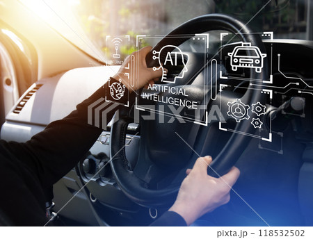 Conceptual woman wearing a long-sleeved black shirt Driving a car that uses the artificial intelligence system Conceptual woman wearing a long-sleeved black shirt Driving a car that uses the artificial intelligence system 118532502