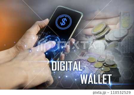 Digital Wallet concept that controls usage with blockchain and smart contacts Digital Wallet concept that controls usage with blockchain and smart contacts 118532529