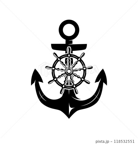 Illustration of an anchor with ship steering wheel in monochrome style. Design element for poster, card, banner, emblem, sign. Vector illustration 118532551
