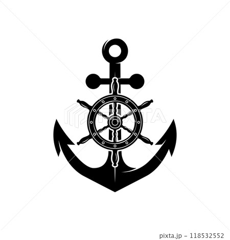 Illustration of an anchor with ship steering wheel in monochrome style. Design element for poster, card, banner, emblem, sign. Vector illustration 118532552