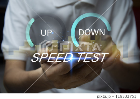 fast internet connection speedtest network bandwidth technology Man using high speed internet with smartphone and laptop computer. 5G quality, speed optimization. fast internet connection speedtest network bandwidth technology Man using high speed internet with smartphone and laptop computer. 5G quality, speed optimization. 118532753