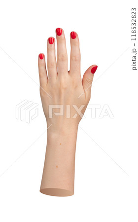 Manicure with red nail polish on woman s hand, isolated on white background. Beautiful long Manicure with red nail polish on woman s hand, isolated on white background. Beautiful long 118532823