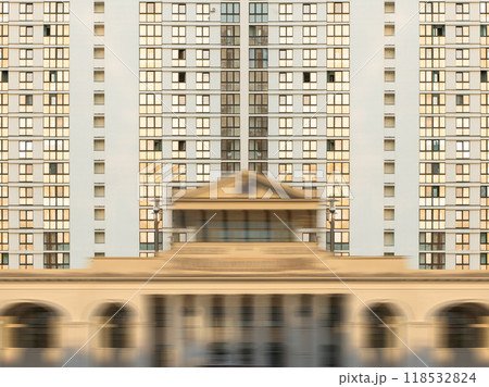 Old vs new building architecture concept. Historical house next to modern condo structure, many 118532824