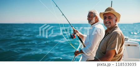 An elderly couple actively spends their old age while fishing on their own yacht. An elderly couple actively spends their old age while fishing on their own yacht. 118533035
