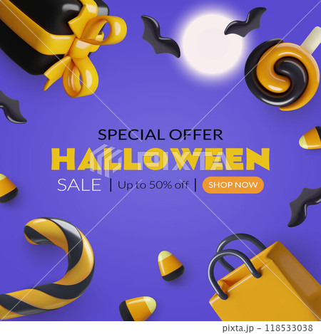 3d Halloween night background frame layout with full moon bats gift box shopping bag and candy 118533038