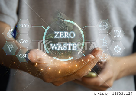 Zero Waste concept, a guideline for reducing waste to zero or reduce the amount of waste per person to as little as possible In order to stop the problem from the beginning Zero Waste concept, a guideline for reducing waste to zero or reduce the amount of waste per person to as little as possible In order to stop the problem from the beginning 118533124