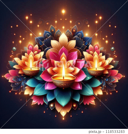 Shiny colorful floral background with illuminated Oil Lamps for Diwali celebration Shiny colorful floral background with illuminated Oil Lamps for Diwali celebration 118533283