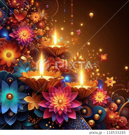 Shiny colorful floral background with illuminated Oil Lamps for Diwali celebration Shiny colorful floral background with illuminated Oil Lamps for Diwali celebration 118533285