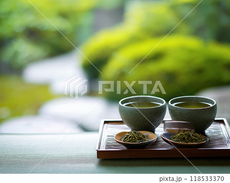 Traditional Japanese tea set with green tea in a serene A traditional Japanese tea set with steaming green tea in ceramic cups on a wooden tray set against a serene and lush green garden background 118533370