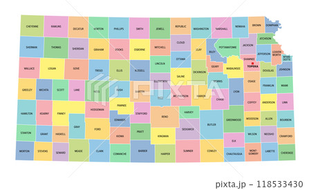 Kansas, U.S. state, subdivided into 105 counties, multi colored political map with capital Topeka, borders and county names. State in the Midwestern region of the United States. The Sunflower State. 118533430