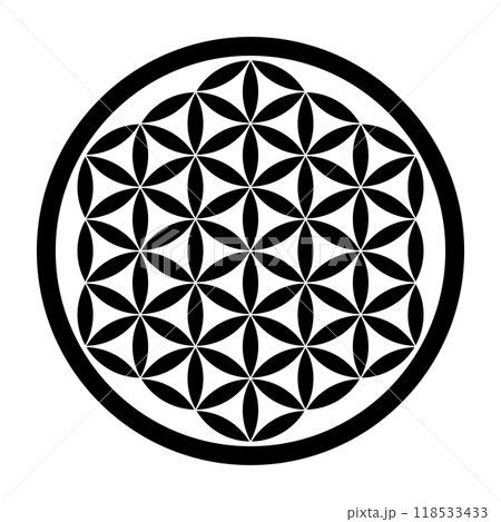Flower of Life pattern. Geometric figure and ancient symbol used for ornamentation, decor and spiritual meditation in cultures all over the world. Overlapping circles forming a flower-like pattern. Flower of Life pattern. Geometric figure and ancient symbol used for ornamentation, decor and spiritual meditation in cultures all over the world. Overlapping circles forming a flower-like pattern. 118533433