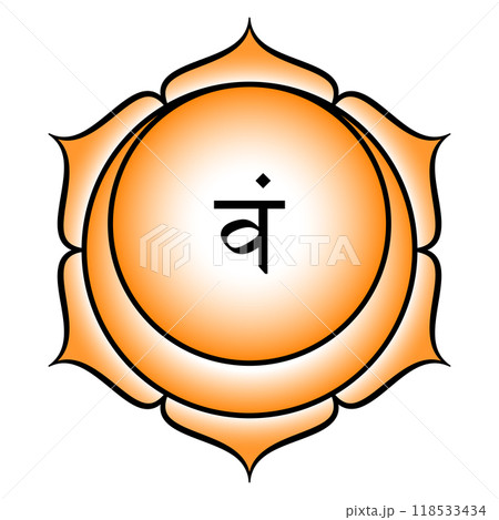 Sacral chakra Svadhisthana, where your being is established. Second chakra located barely below the belly button. Orange lotus with 6 petals, a crescent, and seed syllable Vam for the tattva water. Sacral chakra Svadhisthana, where your being is established. Second chakra located barely below the belly button. Orange lotus with 6 petals, a crescent, and seed syllable Vam for the tattva water. 118533434