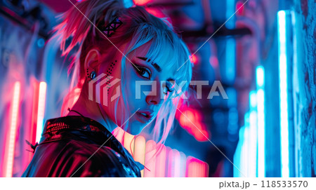 Futuristic neon portrait of woman in cyberpunk style with colorful led lights, E-Girl aesthetic Futuristic neon portrait of woman in cyberpunk style with colorful led lights, E-Girl aesthetic 118533570
