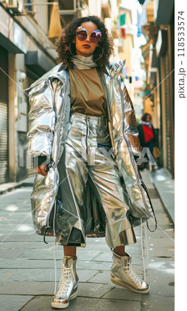Futuristic fashion: metallic outfit and reflective sunglasses on urban street, Y3K aesthetic 118533574