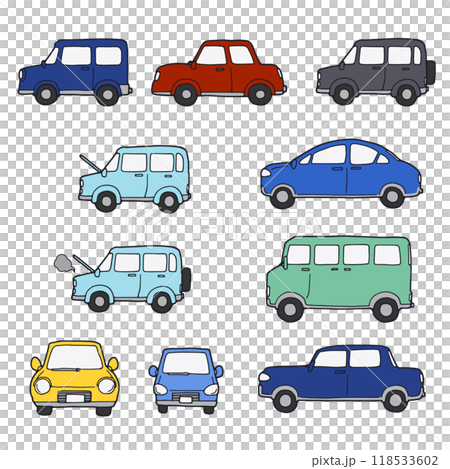 設定各種形狀和顏色的汽車的插圖 118533602