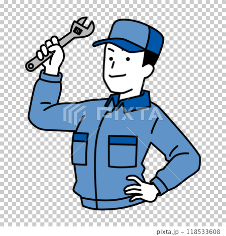 A man in overalls holding a monkey wrench 118533608