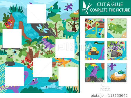 Vector dinosaur cut and glue activity. Prehistoric crafting game with cute ancient animals and dino land landscape. Fill up the scene with square sticker. Find the right piece of puzzle. Complete 118533642