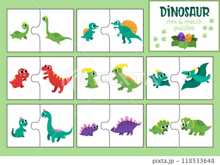 Vector dinosaur mix and match puzzle with cute ancient animals and their babies. Matching prehistoric activity for preschool kids. Educational printable mother day game with tyrannosaur, triceratops 118533648