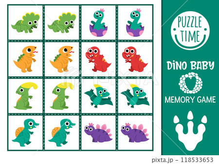 Vector baby dinosaur memory game cards with cute little T-rex, pterosaur, triceratops. Prehistoric matching activity. Remember and find correct card. Simple printable worksheet for kids 118533653