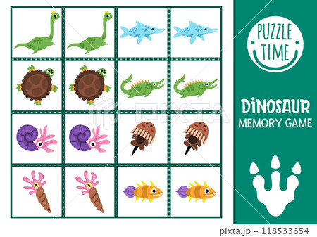 Vector water dinosaur memory game cards with cute plesiosaur, crocodile, fish, ammonite. Prehistoric matching activity. Remember and find correct card. Simple printable worksheet for kids 118533654