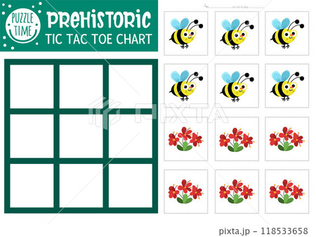 Vector dinosaur tic tac toe chart with ancient bumblebee and flower. Prehistoric board game playing field with cute insect. Funny dino land printable worksheet. Noughts and crosses grid 118533658