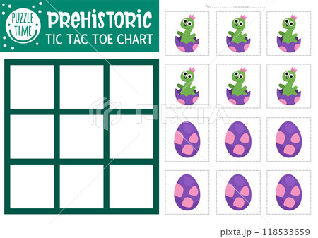Vector dinosaur tic tac toe chart with hatching baby brachiosaur, egg. Prehistoric board game playing field with cute characters. Funny dino land printable worksheet. Noughts and crosses grid 118533659