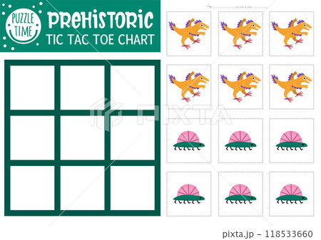 Vector dinosaur tic tac toe chart with velociraptor. Prehistoric board game playing field with cute characters. Funny dino land printable worksheet. Noughts and crosses grid 118533660