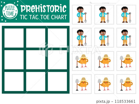 Vector dinosaur tic tac toe chart with paleontologist boy and bird. Prehistoric board game playing field. Funny dino land printable worksheet with cute characters. Noughts and crosses grid 118533661