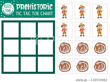 Vector dinosaur tic tac toe chart with paleontologist, brachiosaur skeleton. Prehistoric board game playing field. Funny dino land printable worksheet. Noughts and crosses grid 118533662