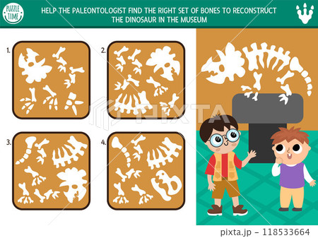 Dinosaur matching and logical activity with set of bones and triceratops. Assemble the dino bones puzzle. Match the parts and whole object printable worksheet. Paleontology museum game Dinosaur matching and logical activity with set of bones and triceratops. Assemble the dino bones puzzle. Match the parts and whole object printable worksheet. Paleontology museum game 118533664