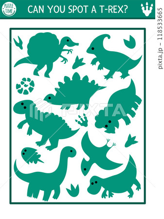 Dinosaur I spy game for kids. Searching and shape recognition activity with T-rex, stegosaur, triceratops. Prehistoric printable worksheet for preschool children. Simple dino spotting puzzle with Dinosaur I spy game for kids. Searching and shape recognition activity with T-rex, stegosaur, triceratops. Prehistoric printable worksheet for preschool children. Simple dino spotting puzzle with 118533665