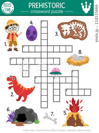 Vector simple dinosaur crossword puzzle for kids. Dino land quiz for children. Educational activity with paleontologist, skeleton, volcano, egg, cave, bone, nest. Cute prehistoric cross word 118533666