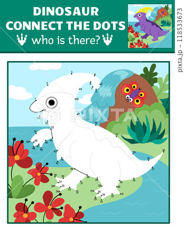 Vector dot-to-dot and color activity with parasaurolophus, colored prehistoric scene. Dinosaur connect the dots game for children with cute ancient animal. What is missing printable worksheet 118533673