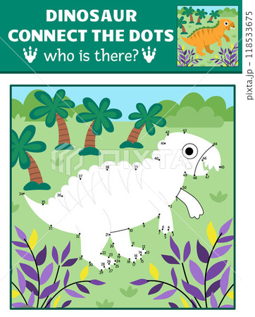 Vector dot-to-dot and color activity with iguanodon, colored prehistoric scene. Dinosaur connect the dots game for children with cute ancient animal. What is missing printable worksheet 118533675