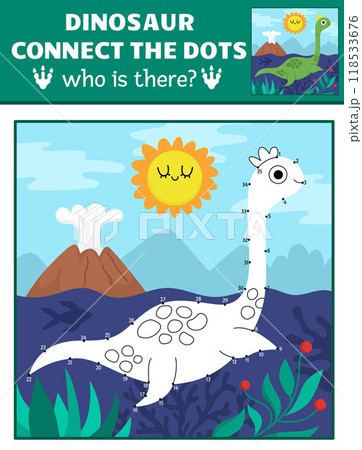 Vector dot-to-dot and color activity with plesiosaur, colored prehistoric scene. Dinosaur connect the dots game for children with cute ancient animal. What is missing printable worksheet 118533676