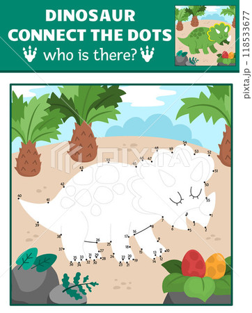 Vector dot-to-dot and color activity with triceratops, colored prehistoric scene. Dinosaur connect the dots game for children with cute ancient animal. What is missing printable worksheet 118533677