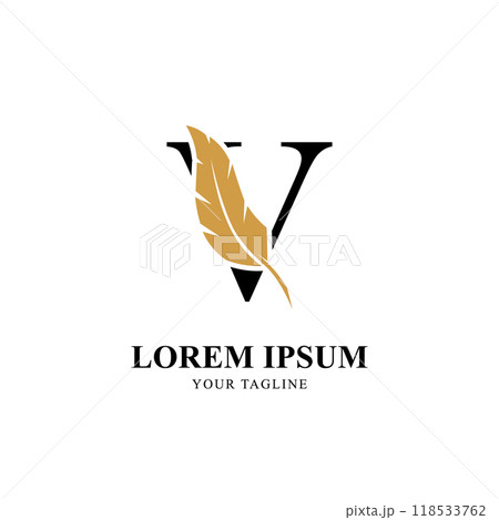 Flat Initial Letter V Logo Combined with Feather Silhouette Design. 118533762