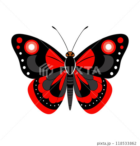A red and black butterfly with white dots on its wings 118533862