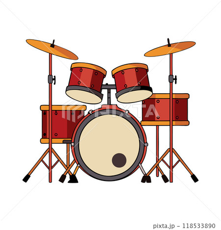 A cartoon illustration of a drum set with a red drum and two orange drumsticks 118533890