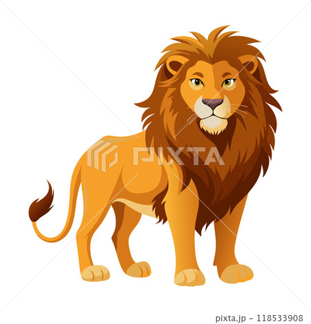 A cartoon lion with a long mane stands on a white background A cartoon lion with a long mane stands on a white background 118533908