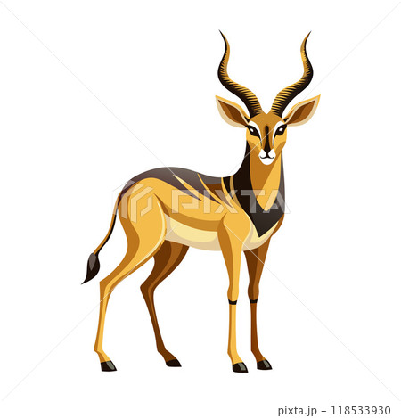 A giraffe with a long neck and horns stands in front of a white background A giraffe with a long neck and horns stands in front of a white background 118533930