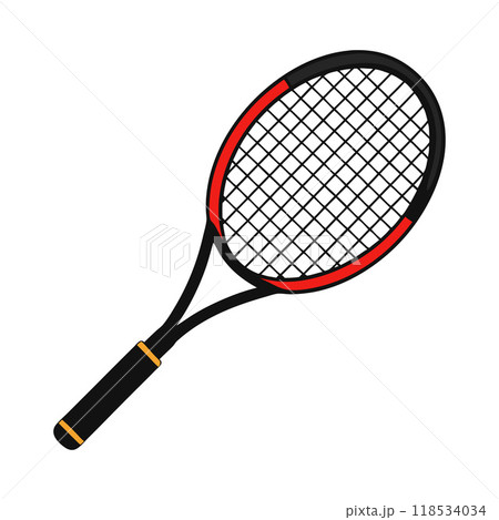 A tennis racket with a black handle and red strings 118534034