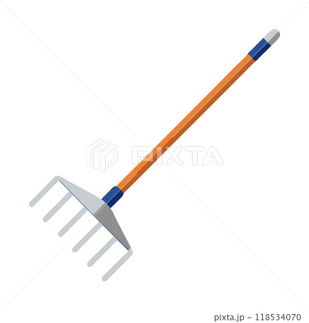 A metal rake with a wooden handle 118534070