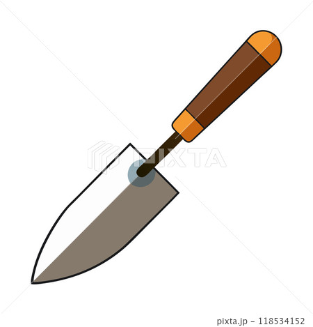 A trowel with a wooden handle is shown in a white background A trowel with a wooden handle is shown in a white background 118534152