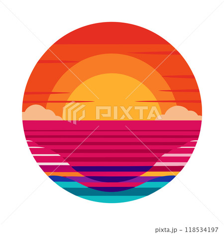 A colorful ocean scene with a large sun in the center A colorful ocean scene with a large sun in the center 118534197