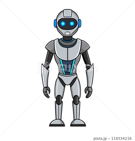 A robot with blue eyes stands on a white background A robot with blue eyes stands on a white background 118534216