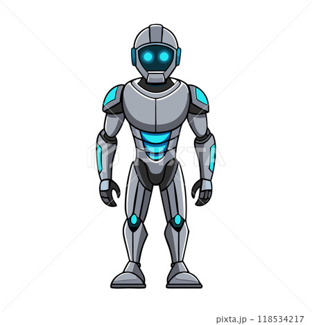 A robot with blue and silver armor stands on a white background 118534217