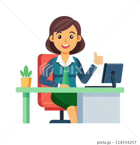 A woman is sitting at a desk with a laptop and a plant A woman is sitting at a desk with a laptop and a plant 118534257