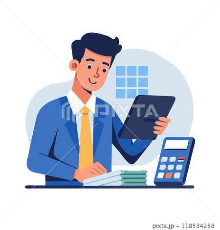 A man in a suit is sitting at a desk with a tablet and a calculator A man in a suit is sitting at a desk with a tablet and a calculator 118534258