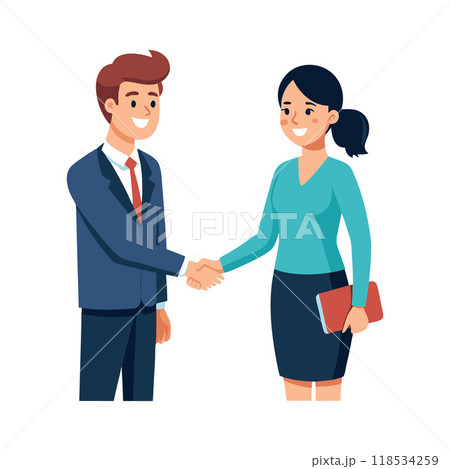 A man shakes hands with a woman in a blue shirt 118534259